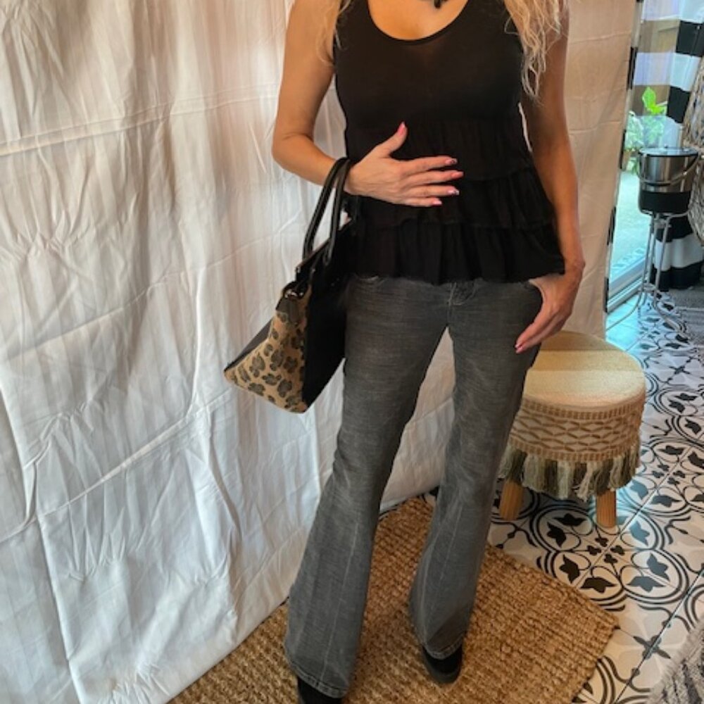 Stretch Hydraulic Flare Jeans size 1/2 plus FREE sexy black blouse!